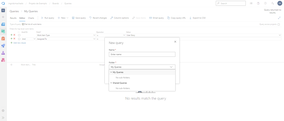 Tela com as opções para salvar a query